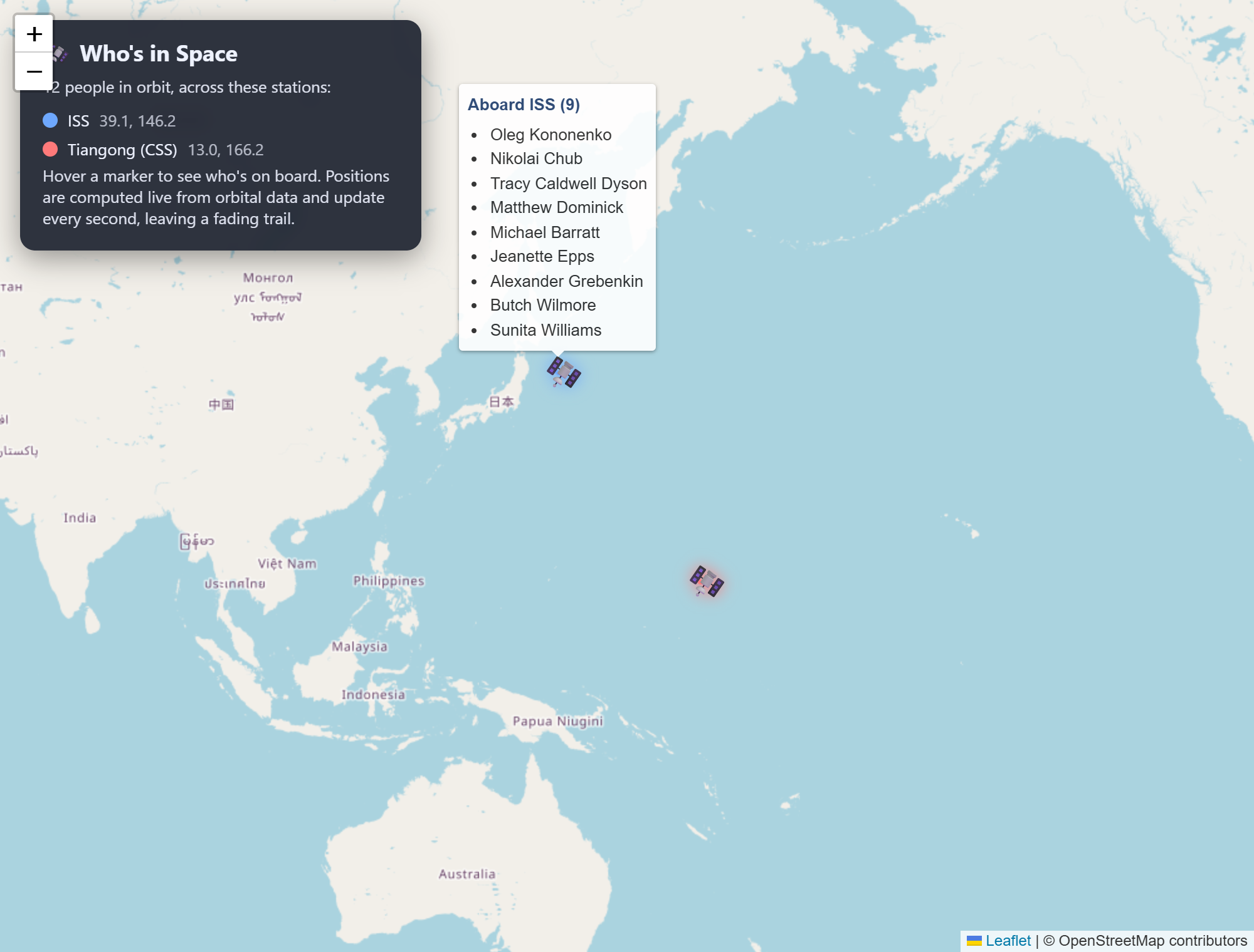 Live map of the ISS and Tiangong with crew tooltip